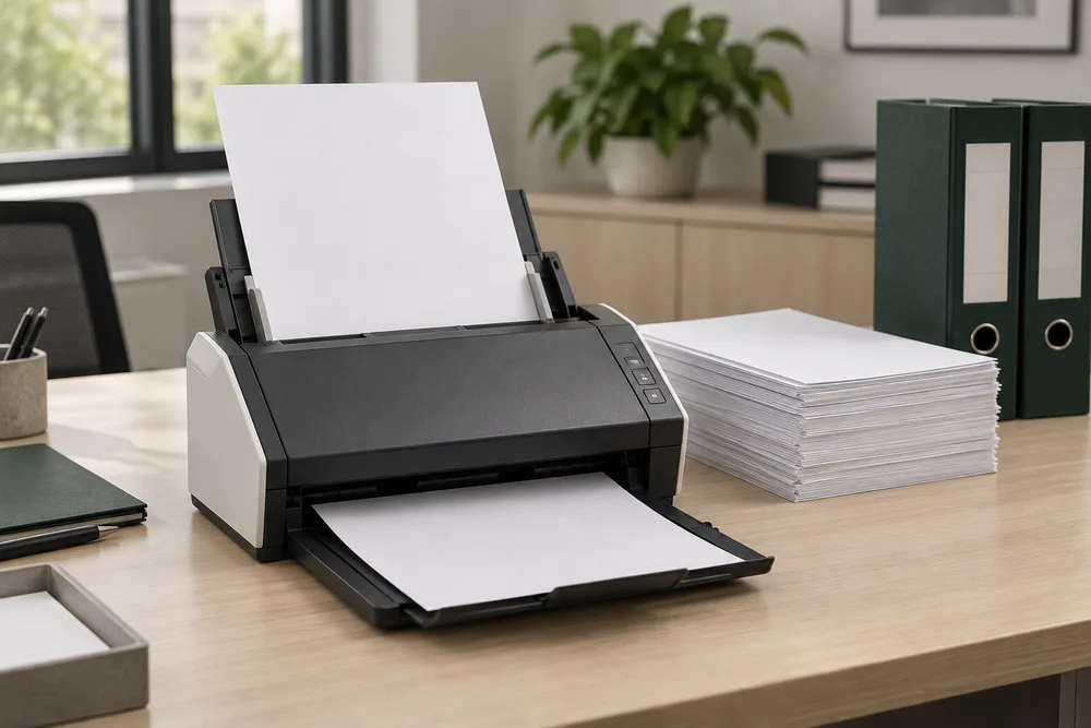 Scanner de documentos com papéis e pastas organizados — imagem ilustrativa